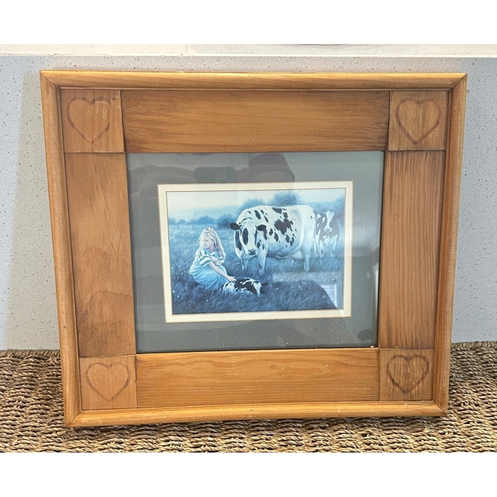 Vintage Handmade Rustic Girl Cow Framed Print Farmhouse Country Cottage Wall Art